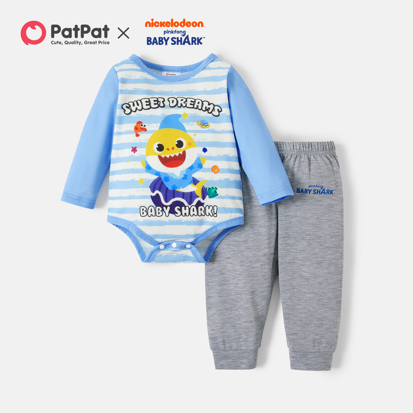 

Baby Shark 2-piece Baby Boy Graphic and Stripe Bodysuit and Solid Pants Sets