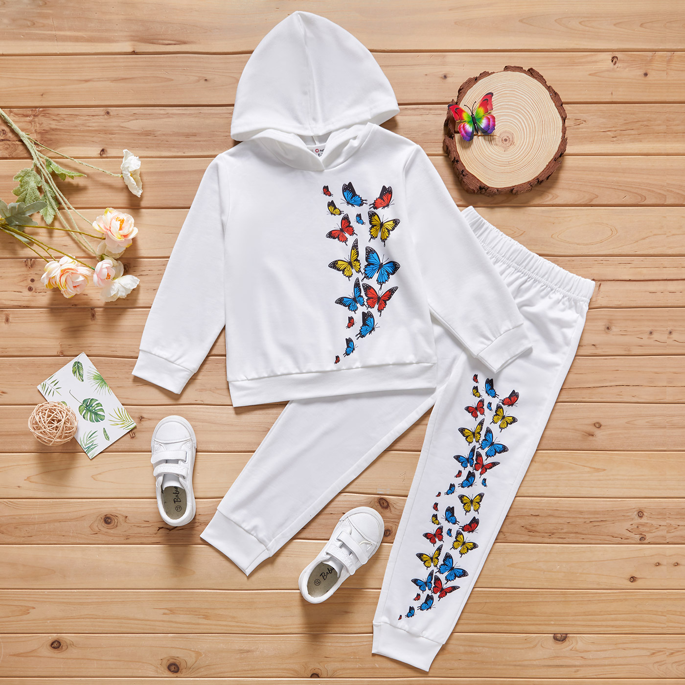 

2-piece Kid Girl Butterfly Print Hoodie and Elasticized Pants Set