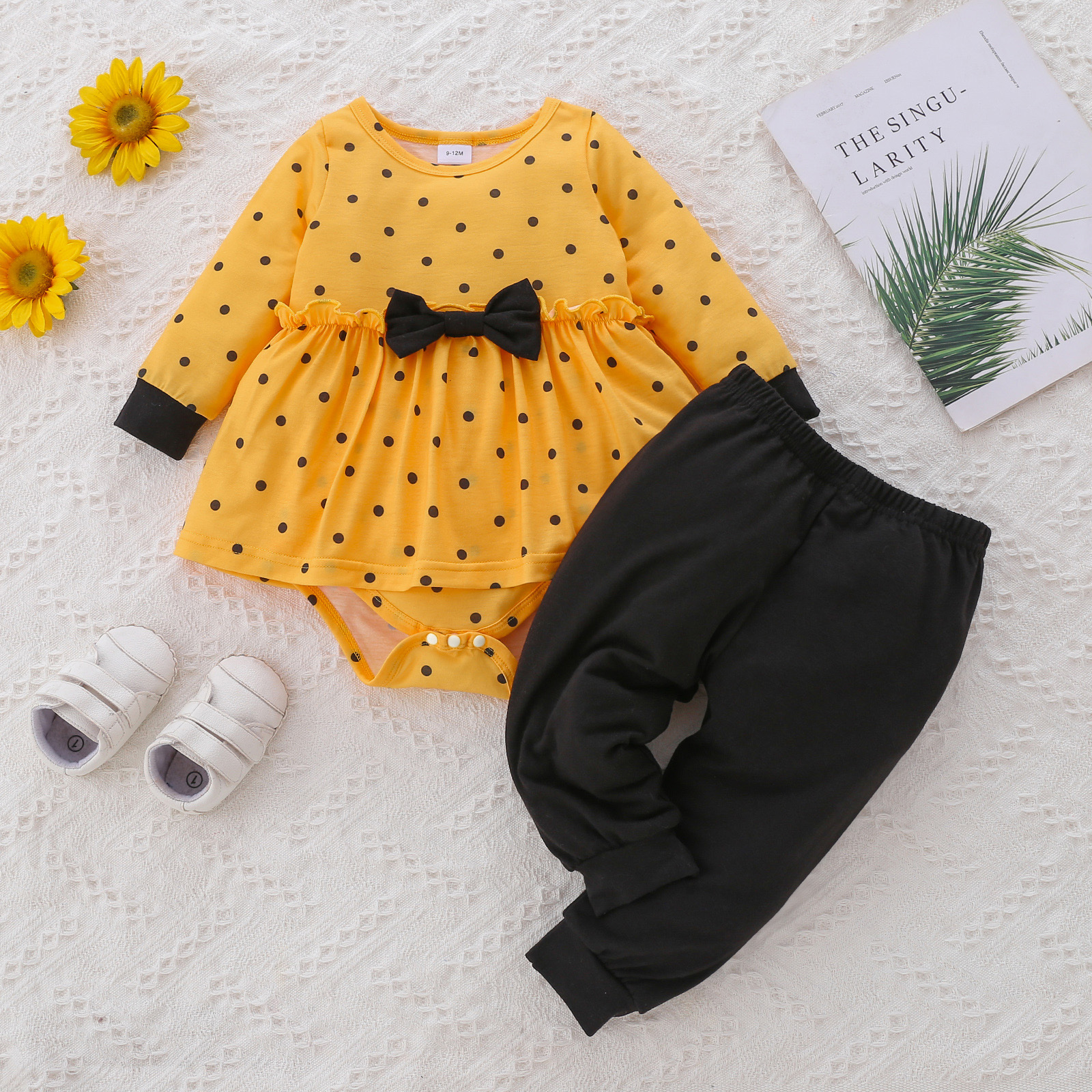 

2pcs Baby Girl Polka Dot Yellow Ruffle Long-sleeve Romper and Trousers Set