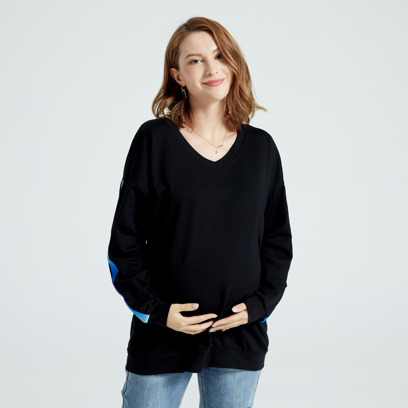 

Maternity Colorful Banding Pattern Round Collar Long-sleeve Pullover