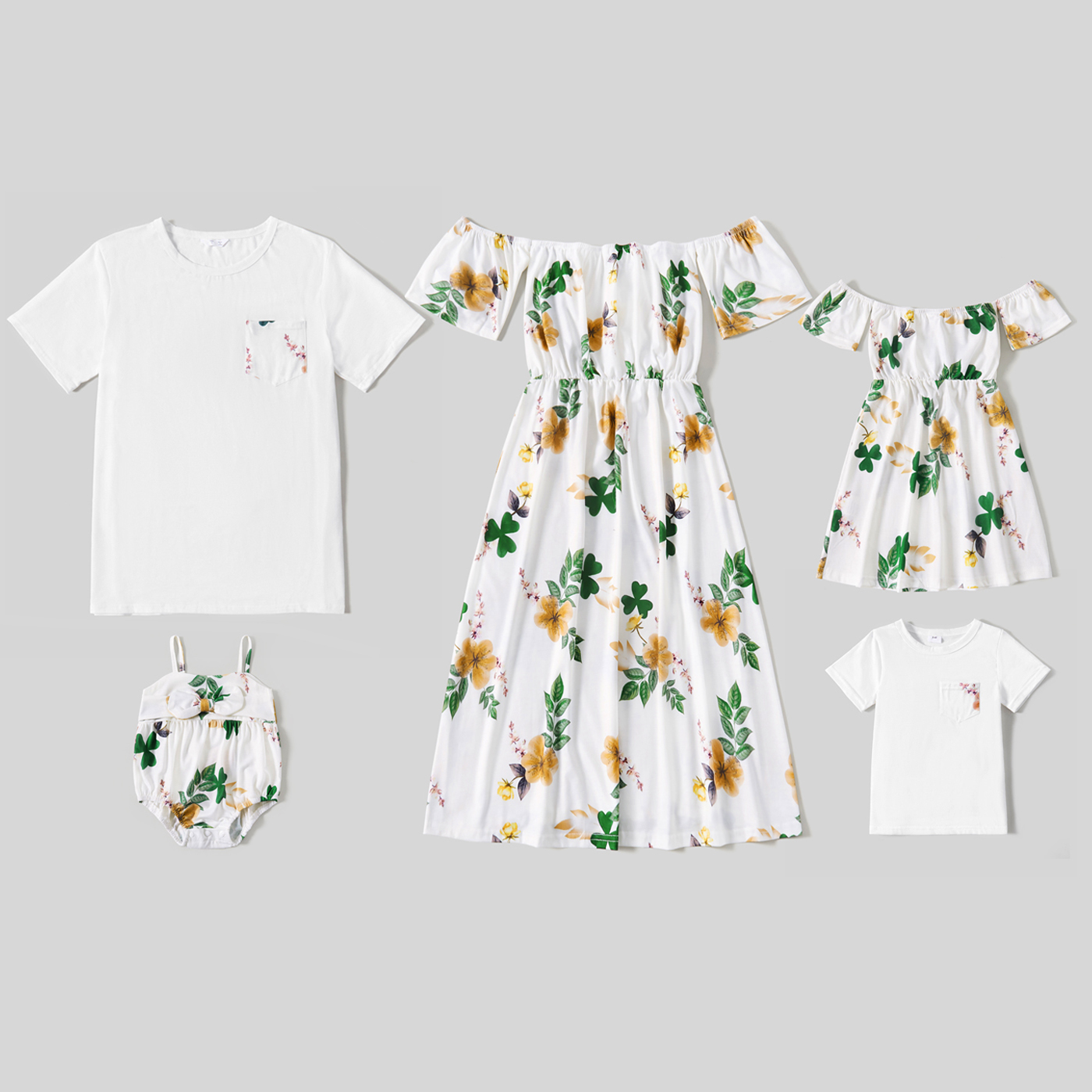 

White Floral Print Family Matching Sets(Off Shoulder Short-sleeve Midi Dresses and T-shirts)