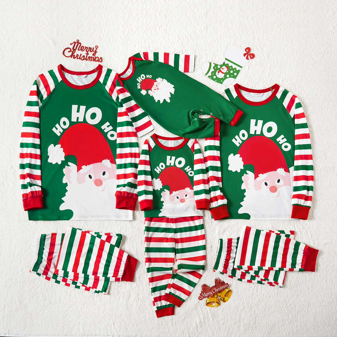 

Christmas Cartoon Santa Print Colorblock Family Matching Raglan Long-sleeve Striped Pajamas Sets (Flame Resistant)
