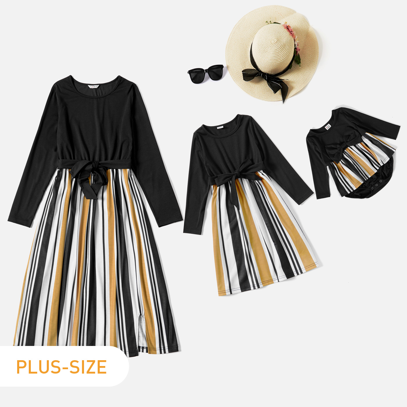 

Black Long-sleeve Splicing Striped Midi Dress for Mom and Me