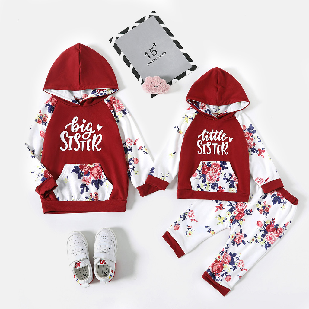 

Letters and Floral Print Sibling Matching Long-sleeve Hooded Sweatshirts Sets