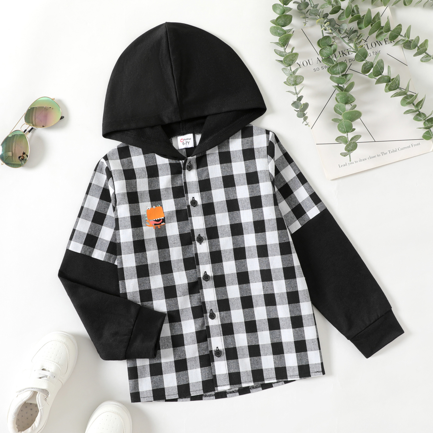 

Kid Boy Dinosaur Letter Print Plaid Hooded Long-sleeve Shirt