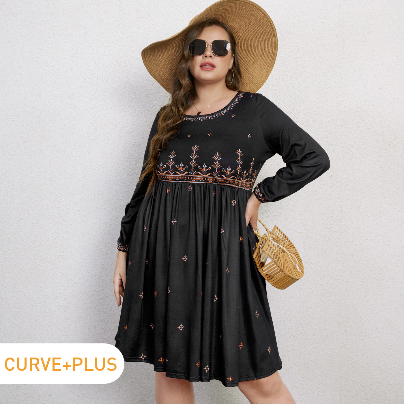 

Women Plus Size Elegant Floral Print Exotic Long-sleeve Dress