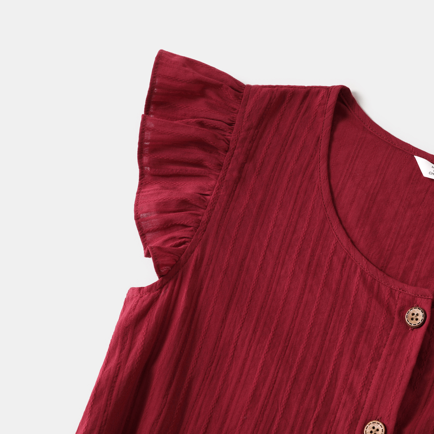 Family Matching 100% Cotton Solid Textured Flutter-sleeve Button Up Dresses and Colorblock Short-sleeve T-shirts Sets Burgundy