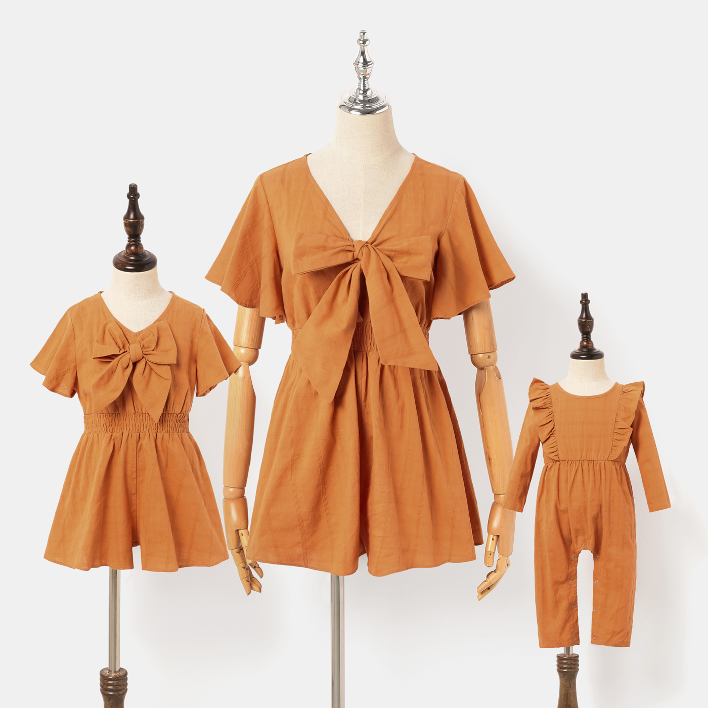 

100% Cotton Bow V-neck Ruffle Short-sleeve Matching Khaki Dresses