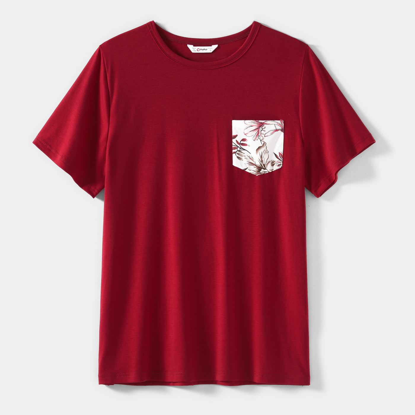Family Matching Solid V Neck Button Up Spaghetti Strap Splicing Floral Print Dresses and Short-sleeve T-shirts Sets WineRed