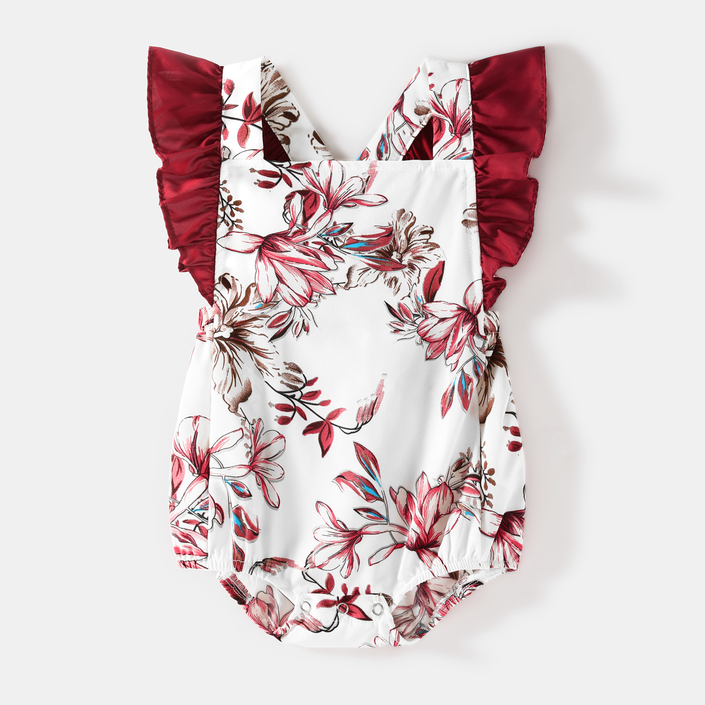 Family Matching Solid V Neck Button Up Spaghetti Strap Splicing Floral Print Dresses and Short-sleeve T-shirts Sets WineRed