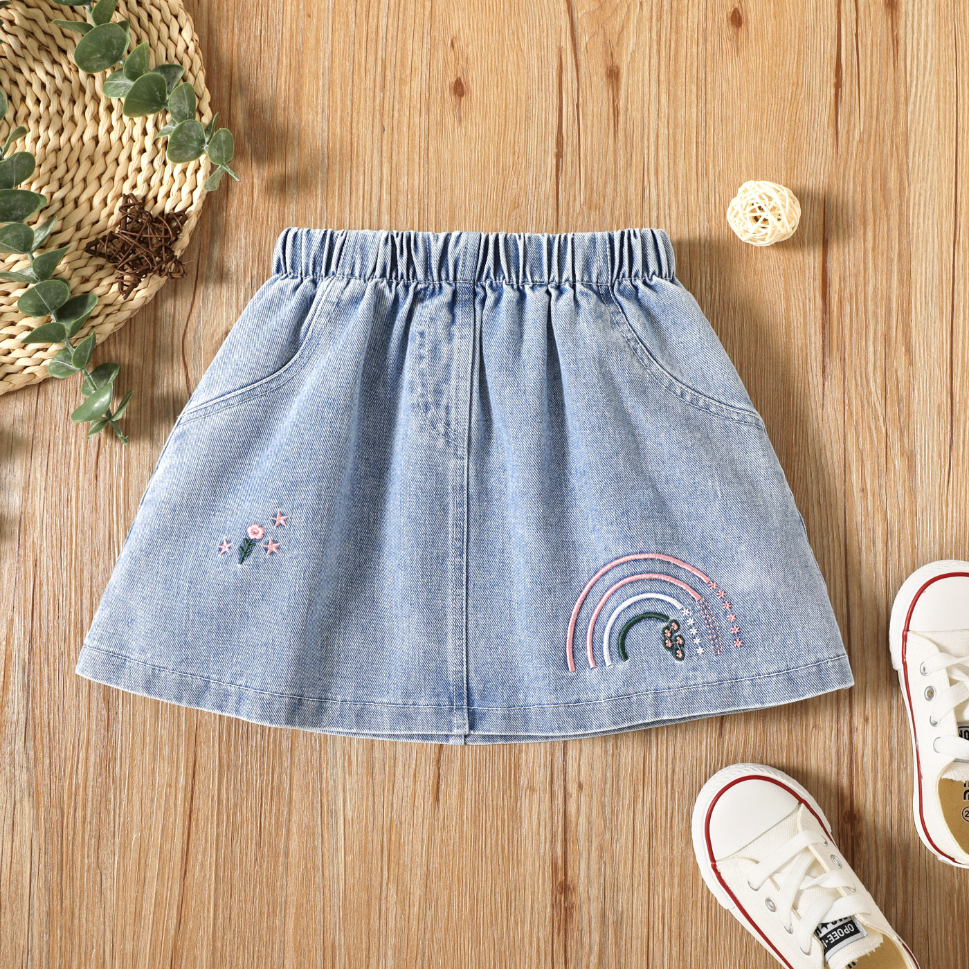 

Toddler Girl Rainbow Embroidered Blue Denim Skirt